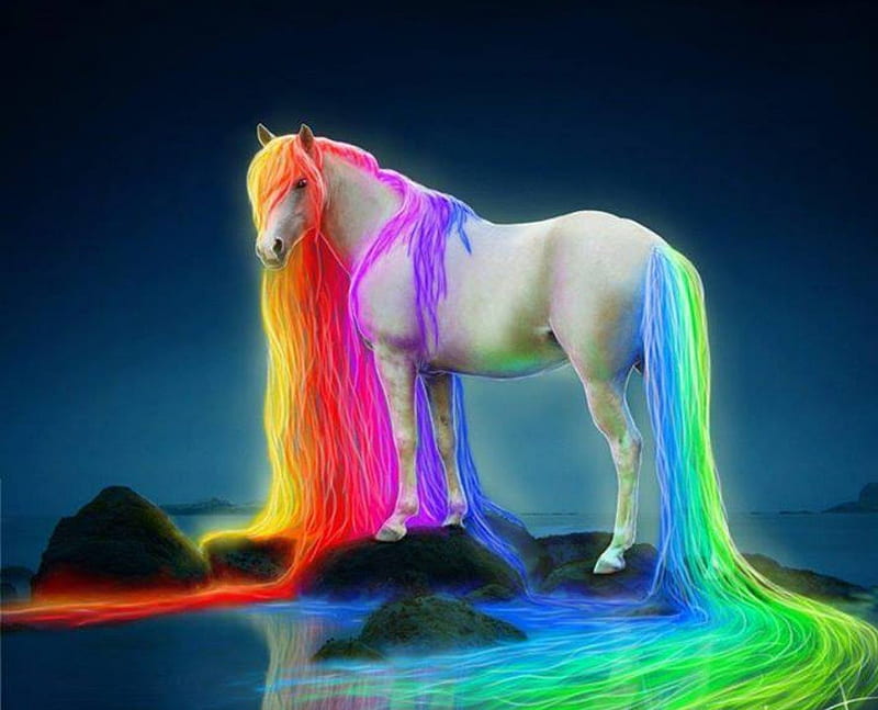 Fantasy Horse, art, water, rock, colors, bonito, rainbow, horse, HD wallpaper