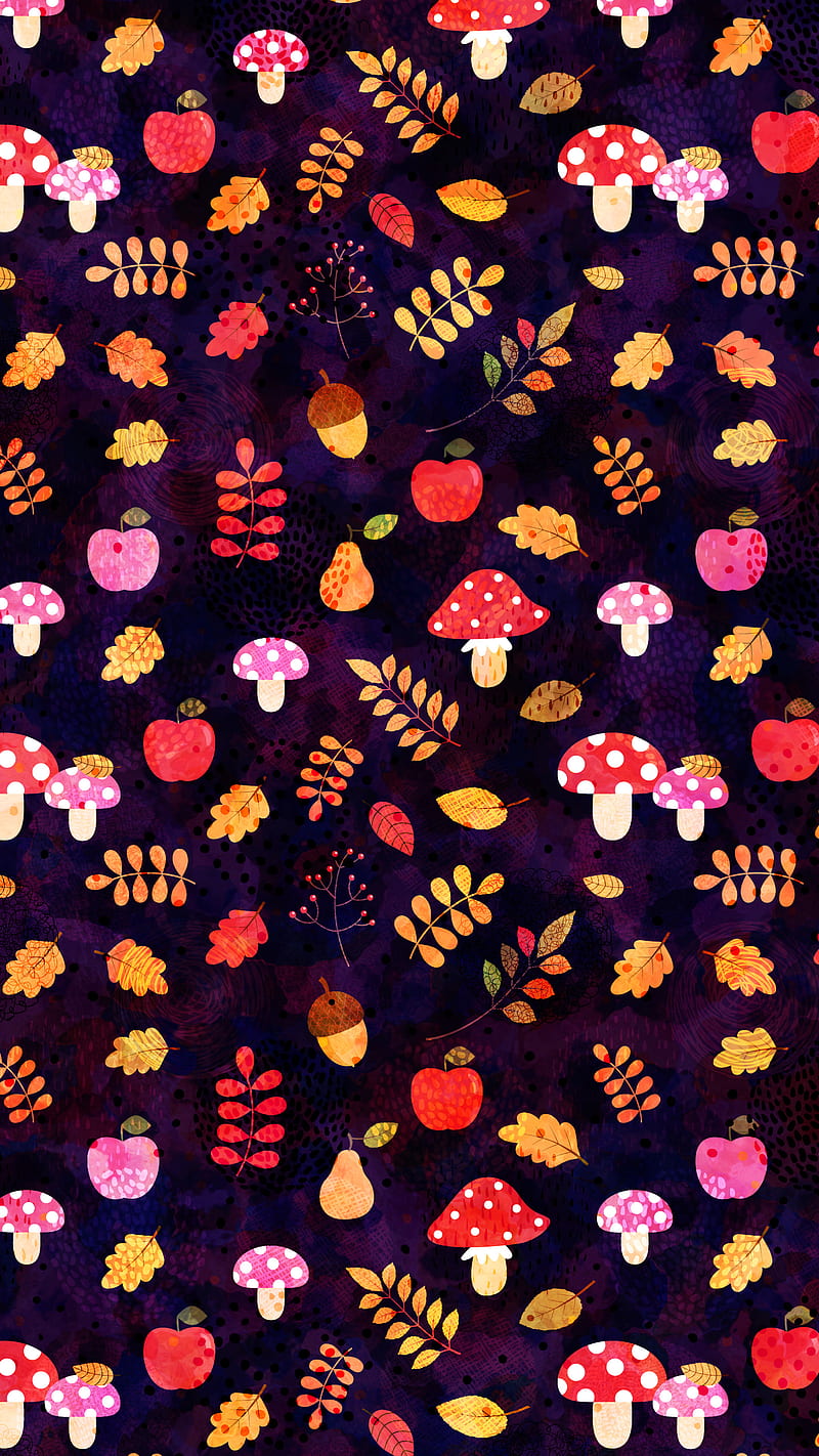 Cute Mushrooms Foliage, Koteto, leaf; autumn; pattern; fall; yellow; cartoon; red; twig; flat; simple; background; September; October, HD phone wallpaper