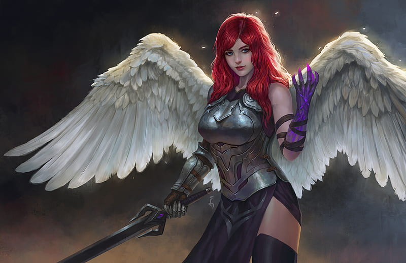 Fantasy, Angel Warrior, Angel, Armor, Blue Eyes, Red Hair, Wings, Woman Warrior, HD wallpaper