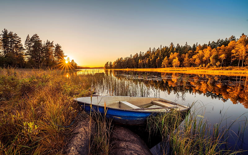 Autumn in Sweden, autumn, forest, sunset, sunrise, lake, boat, tranquility, fall, beautiful, serenity, reflection, HD wallpaper