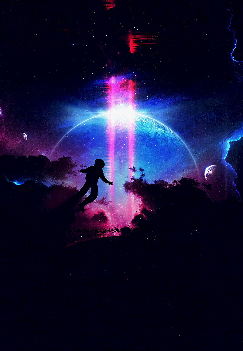 silhouette, planet, colorful, darkness, jump, HD phone wallpaper