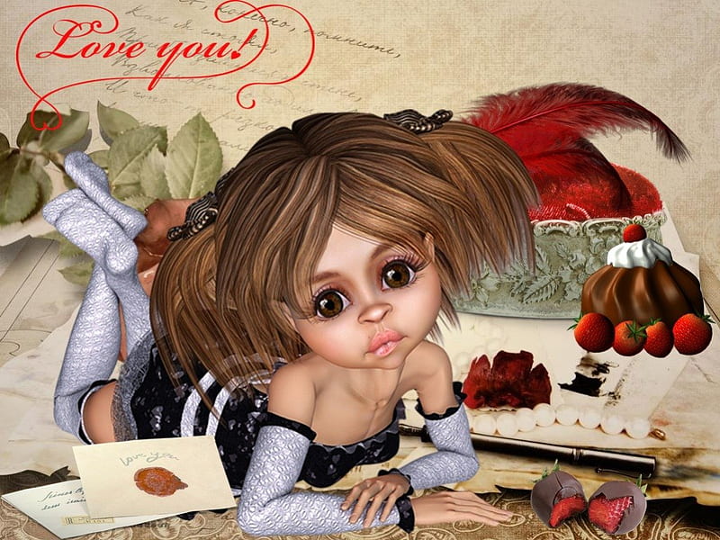 Love you, cake, valentine day, girl, love, heart, flower, HD wallpaper