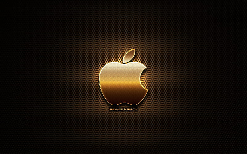 Apple glitter logo, creative, metal grid background, Apple logo, brands, Apple, HD wallpaper