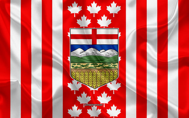 Coat of arms of Alberta, Canadian flag, silk texture, Alberta, Canada, Seal of Alberta, Canadian national symbols, HD wallpaper
