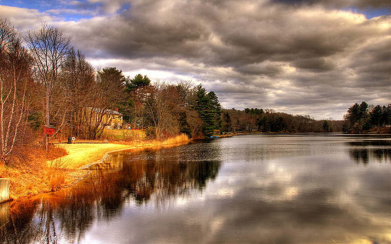 Beautiful Evening, water, golden, dark sky, trees, clouds, lake, HD wallpaper