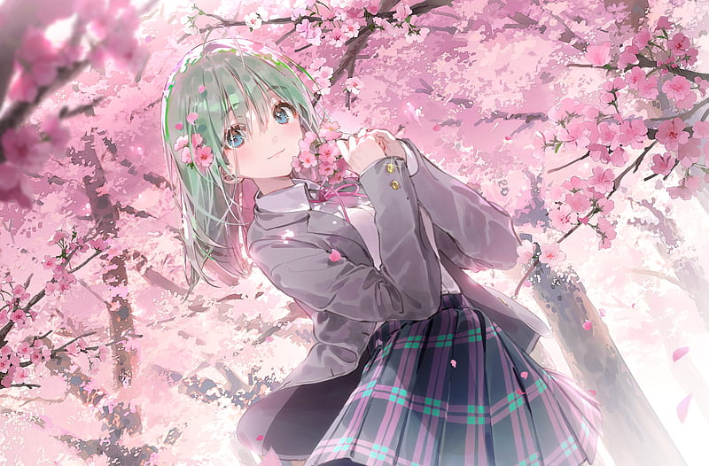 pretty anime girl, school uniform, sakura blossom, green hair, spring, Anime, HD wallpaper
