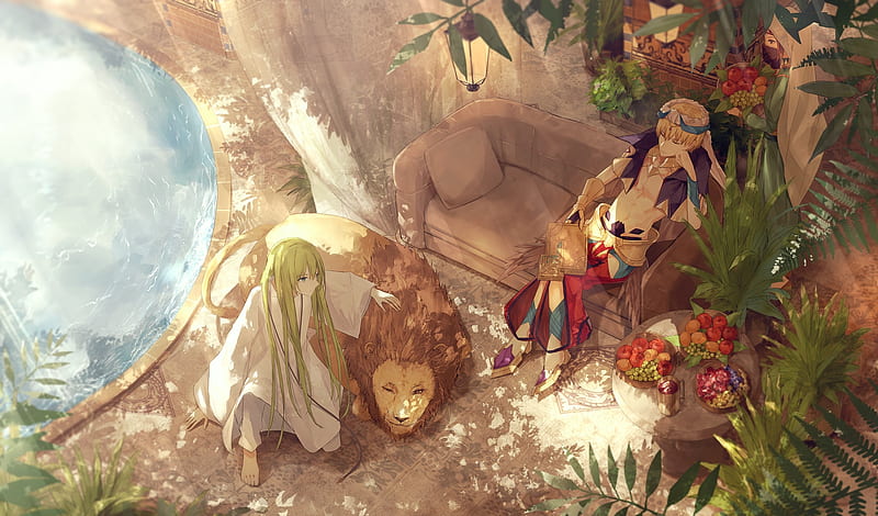 gilgamesh, enkidu, fate grand order, lion, resting, couch, water, fruits, Anime, HD wallpaper