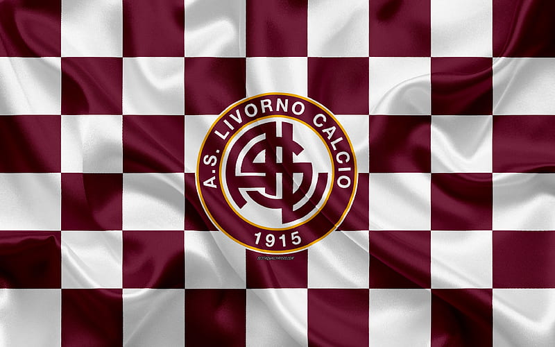 AS Livorno Calcio logo, creative art, burgundy white checkered flag, Italian football club, Serie B, emblem, silk texture, Livorno, Italy, football, Livorno FC, HD wallpaper