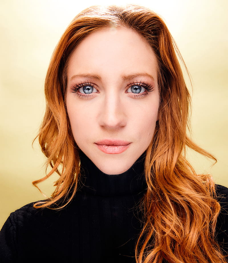 Brittany Snow, women, actress, long hair, redhead, face, blue eyes, simple background, gradient, black sweater, HD phone wallpaper
