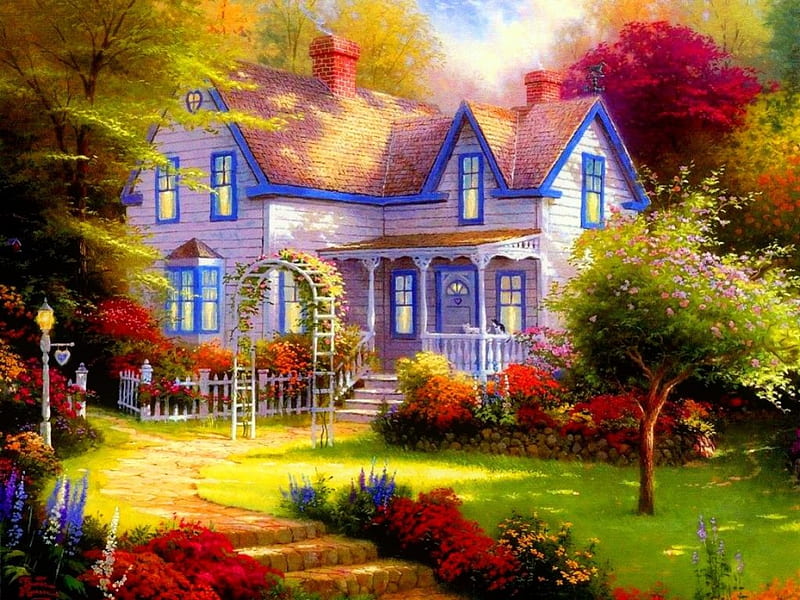 Paradise cottage, colorful, house, paradise, cottage, flowers, bonito, alley, HD wallpaper