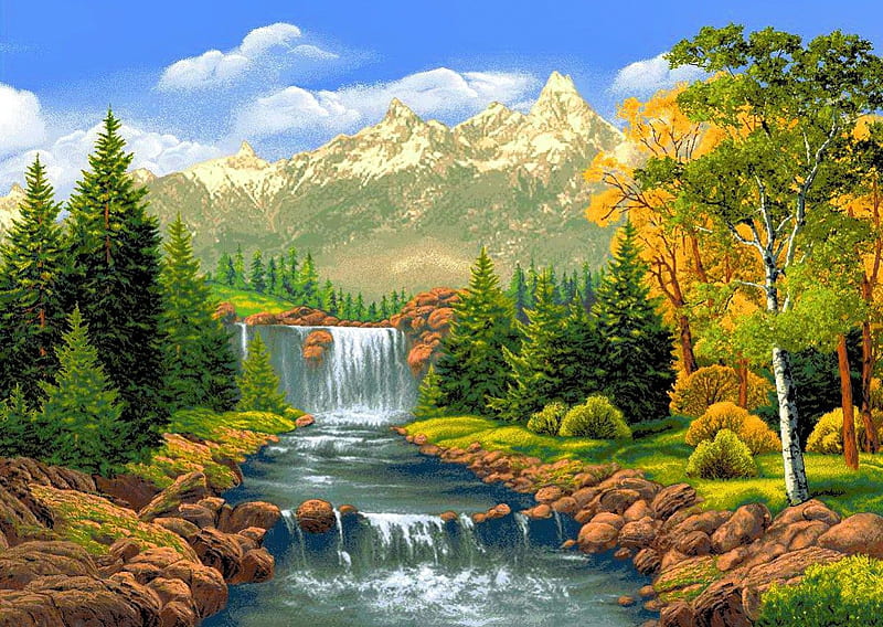 Mountain cascades, stream, pretty, autumn, riverbank, shore, falling, bonito, clouds, mountain, cascades, nice, calm, painting, waterfall, peaks, river, quiet, lovely, greenery, creek, sky, trees, water, serenity, summer, HD wallpaper