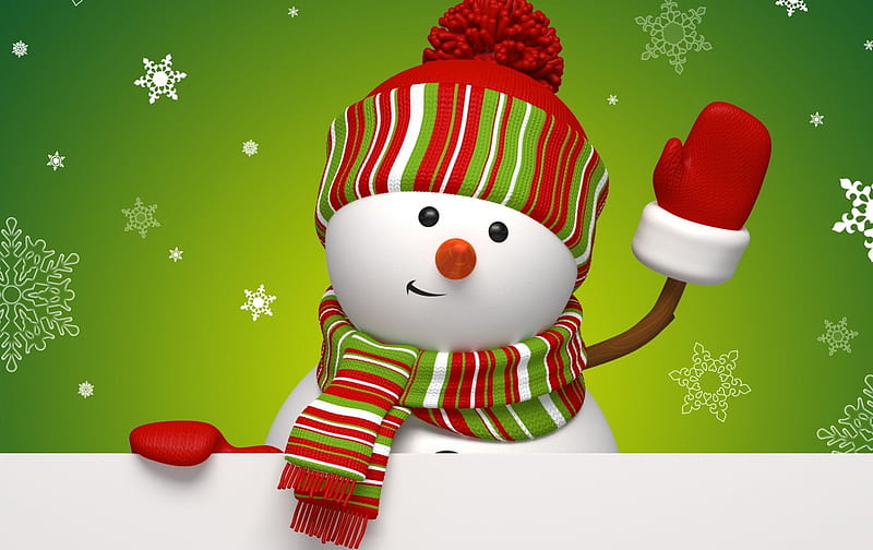 Snowman, christmas, holiday, winter, hat, cute, green, snow, cap, snowflakes, hello, scarf, HD wallpaper