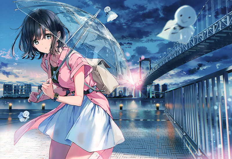 anime girl, ghost, bridge, transparent umbrella, skirt, scenery, Anime, HD wallpaper