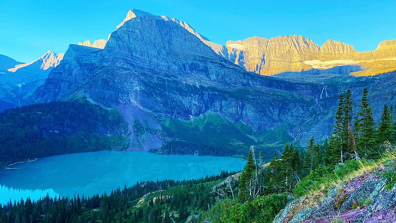 Grinnel Lake, Glacier National Park, morning, trees, landscape, sky, montana, mountains, usa, sunrise, rocks, HD wallpaper