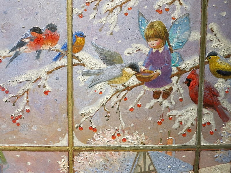 Winter fairy, red, branch, fantasy, berry, painting, child, pictura, fairy, victor nizovtsev, art, wings, window, luminos, craciun, christmas, pasare, winter, cute, girl, bird, HD wallpaper