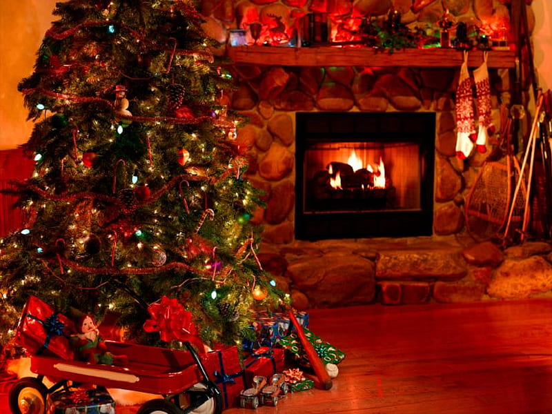 Merry Christmas, fireplace, tree, warmth, christmas, decoration, HD wallpaper