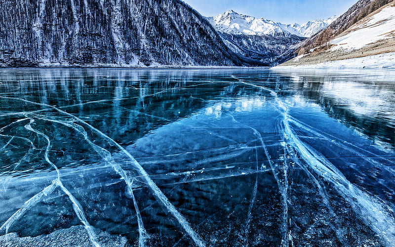 winter, frozen lake, ice, cracks in ice, mountains, beautiful nature, R, HD wallpaper