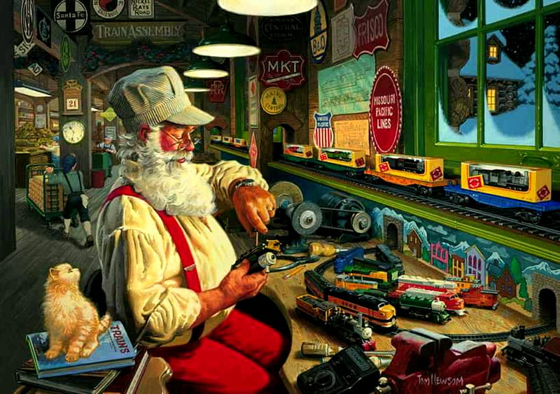 Santa\'s Trains, santa, christmas, holiday, trains, cat, workshop, HD wallpaper