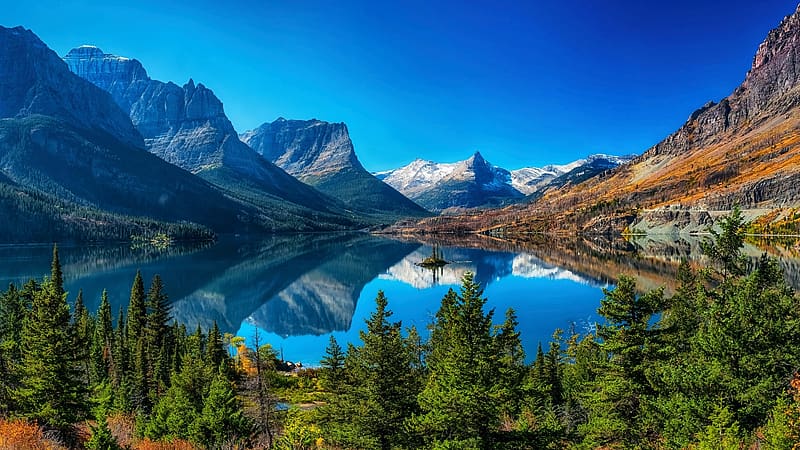 Saint Mary Lake, Glacier National Park, Montana, reflections, trees, landscape, water, mountains, rocks, usa, HD wallpaper