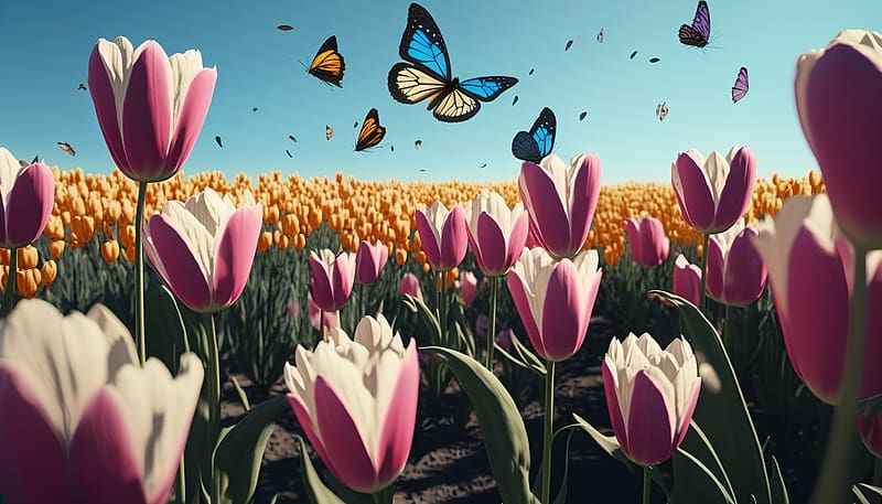 Butterflies flying in the Tulips field, Butterflies, Flowers, Meadow, Sky, Tulips, HD wallpaper