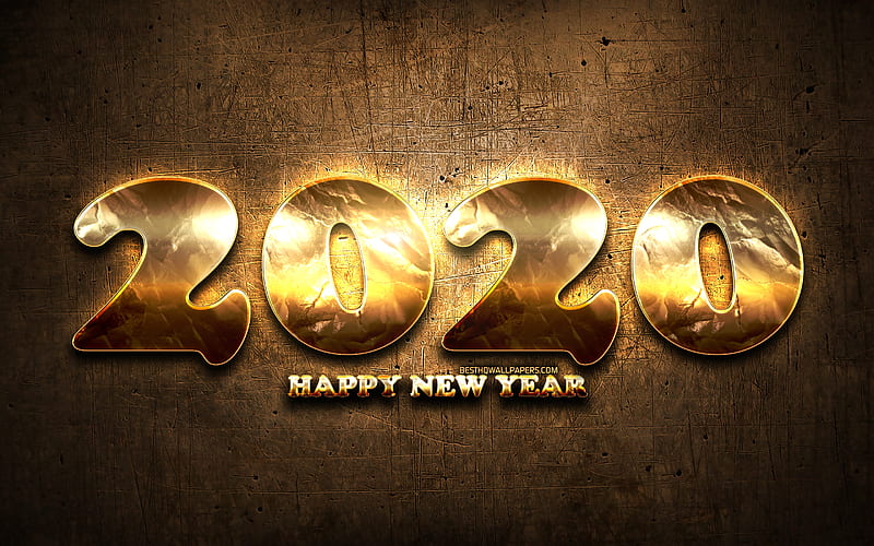 2020 golden digits, grunge, Happy New Year 2020, brown metal background, 2020 metal art, 2020 concepts, golden digits, 2020 on brown background, 2020 year digits, HD wallpaper