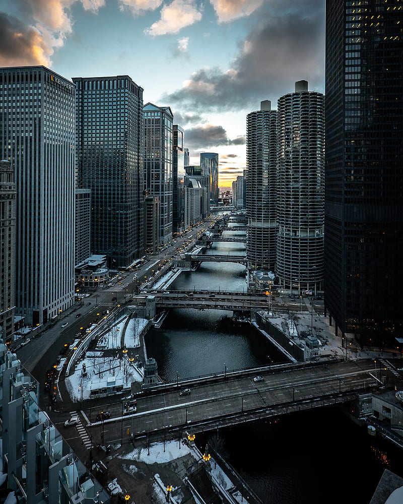 city, buildings, aerial view, bridges, chicago, HD phone wallpaper