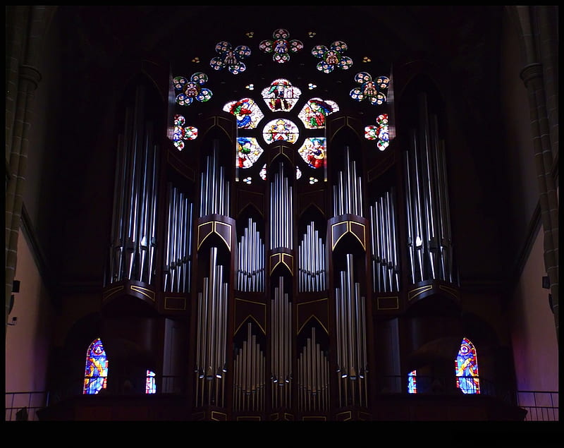 Music for the soul, architecture, cathedral religious, beauty, soul, organ, light view, pacefull, music, colors, stained, glass, popular, pipe, HD wallpaper
