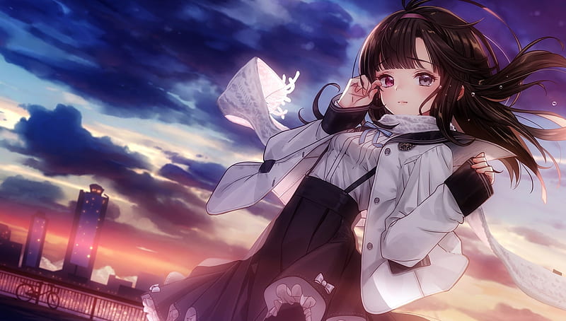 anime girl, tears, brown hair, wind, headband, sunset, buildings, Anime, HD wallpaper