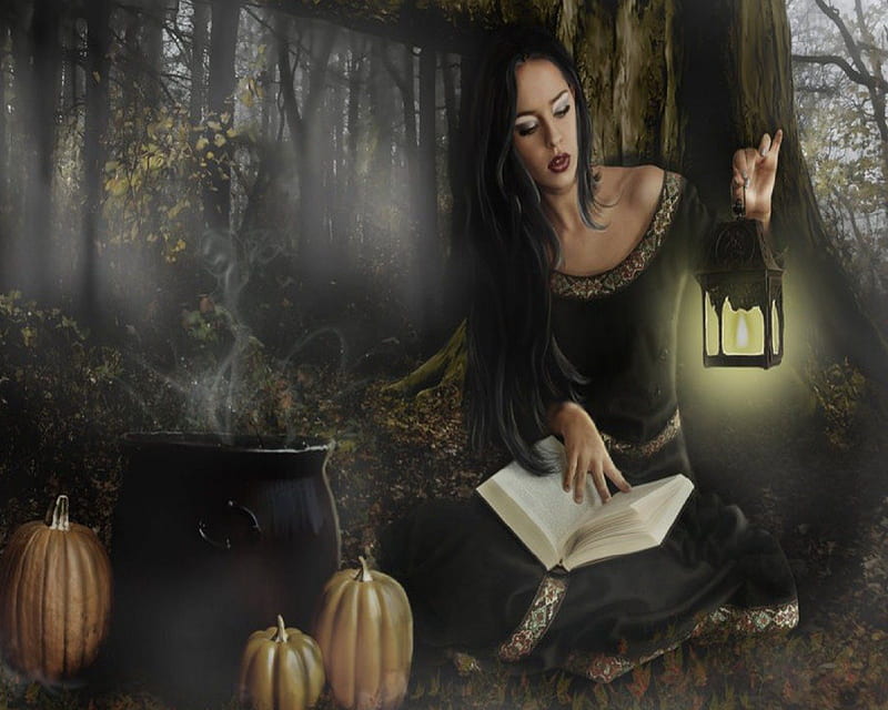 Preparing A Spell, Pumpkins, Book, Witch, Cauldron, Lantern, HD wallpaper
