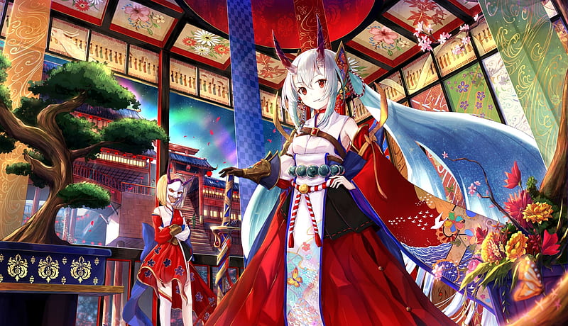 anime girl, traditional clothes, horns, japanese buildings, short hair, sword, Anime, HD wallpaper