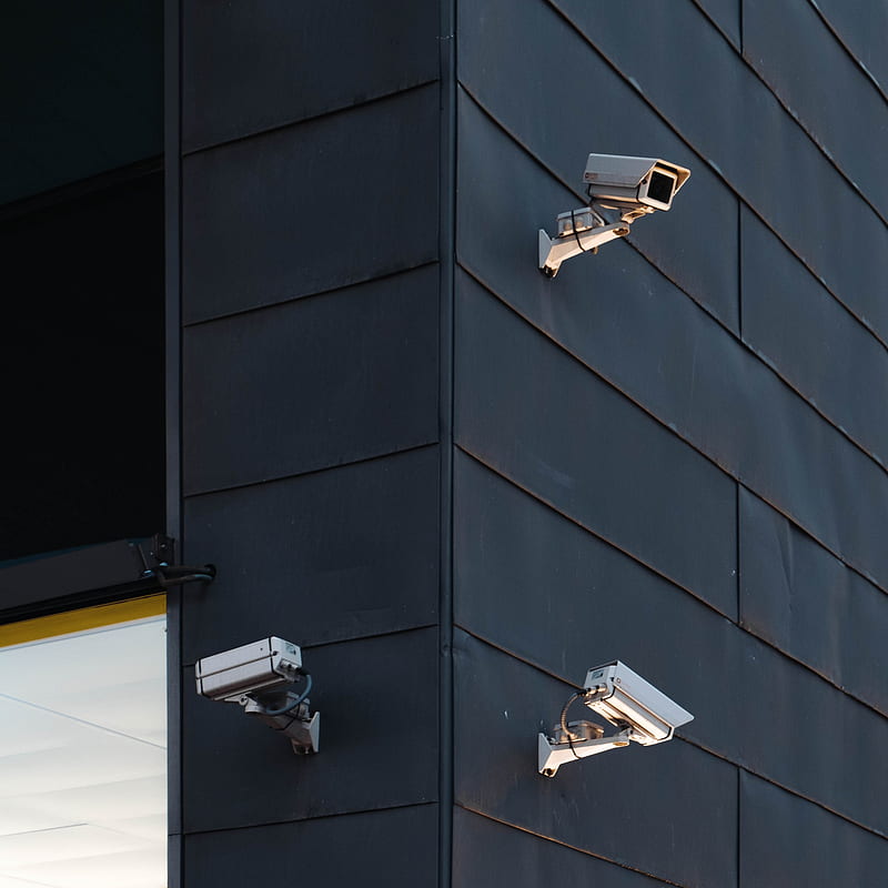 three white CCTV camera on building wall, HD phone wallpaper