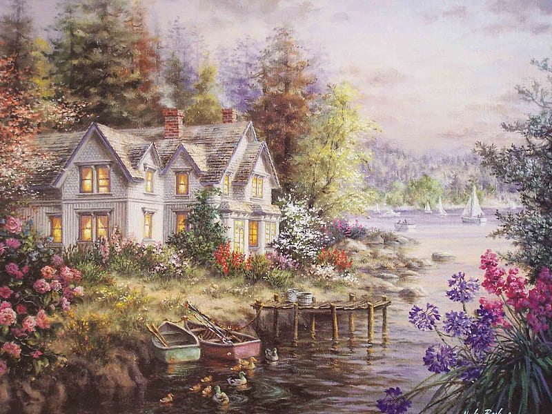 Serenity, house, fresh, clean, ducks, spring, country, trees, lake, boats, dock, serene, flowers, gardens, crisp, morning, bay, HD wallpaper
