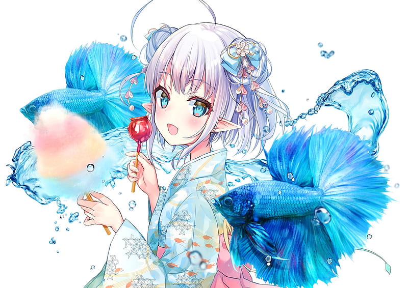 anime girl, elf ears, yukata, pointy ears, smiling, apple candy, Anime, HD wallpaper