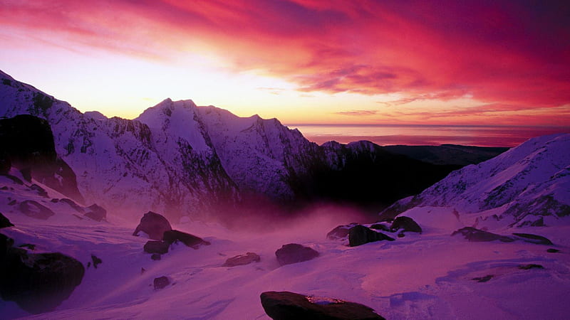 sunset over franz josef glacier new zealand, sunset, glacier, purple, mountains, HD wallpaper