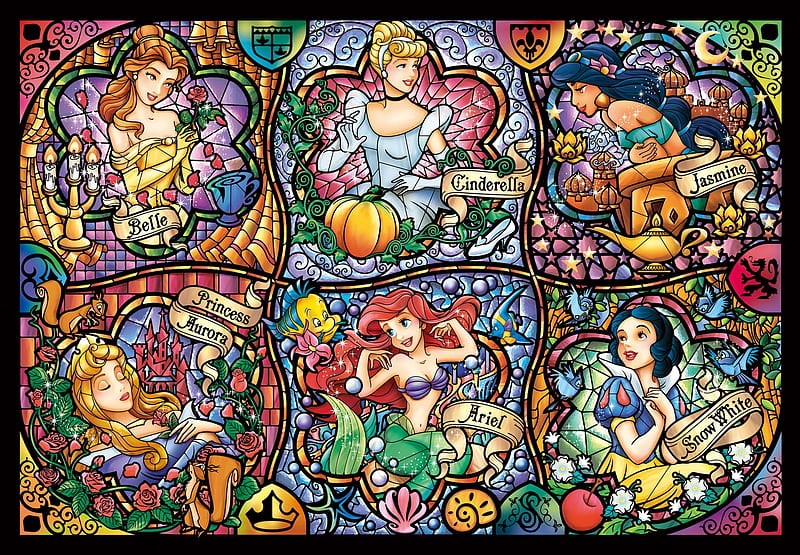 Disney princesses, aurora, snow white, belle, princess, ariele, cinderella, disney, jasmine, fantasy, child, HD wallpaper