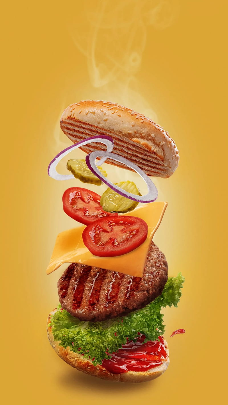 Burger, bread, food, hamburger, meat, tomato, yellow, HD phone wallpaper