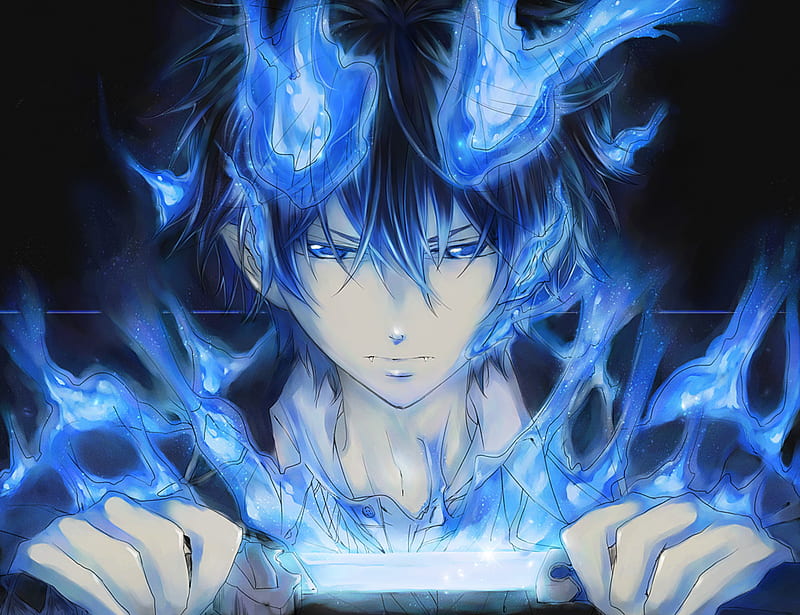 Dark anime character with glowing blue eyes surrounded by red flames