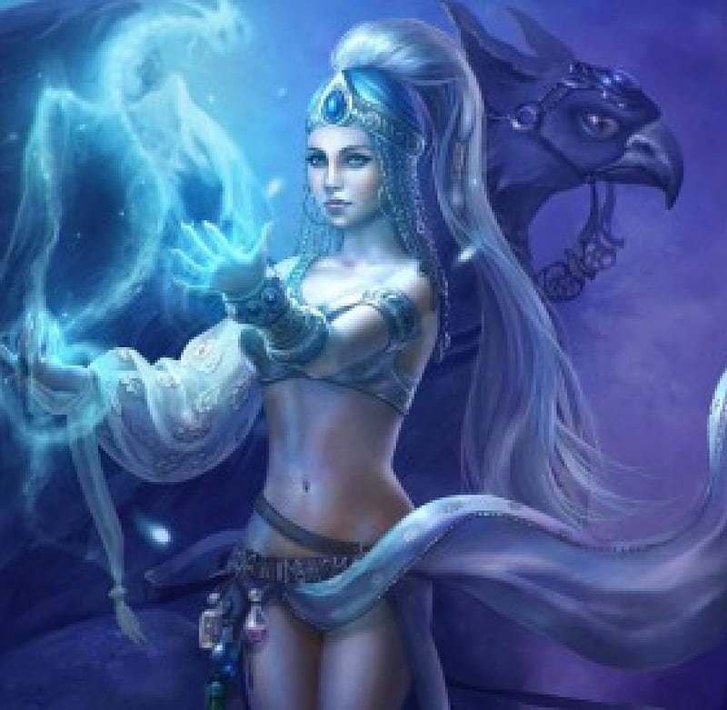 Spell of the White Witch, witch, griffon, magic, white, spell, HD wallpaper
