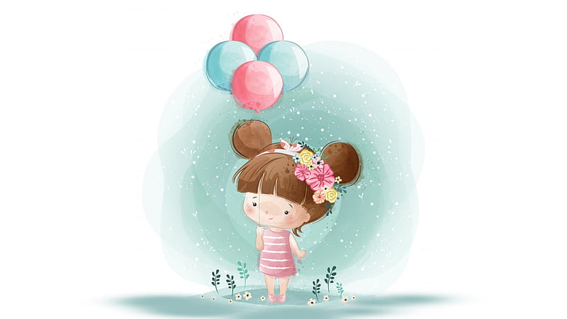 Little Girl's Summer, balloons, cute, girl, celebration, summer, flowers, child, spring, HD wallpaper