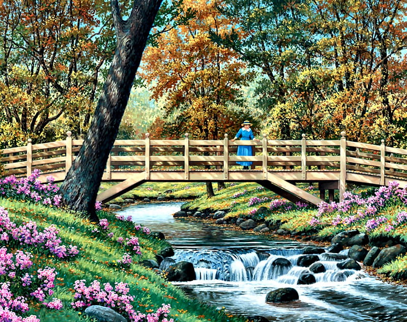 Lady on the Footbridge F2, art, footbridge, creek, artwork, water, bridge, painting, wide screen, scenery, landscape, HD wallpaper