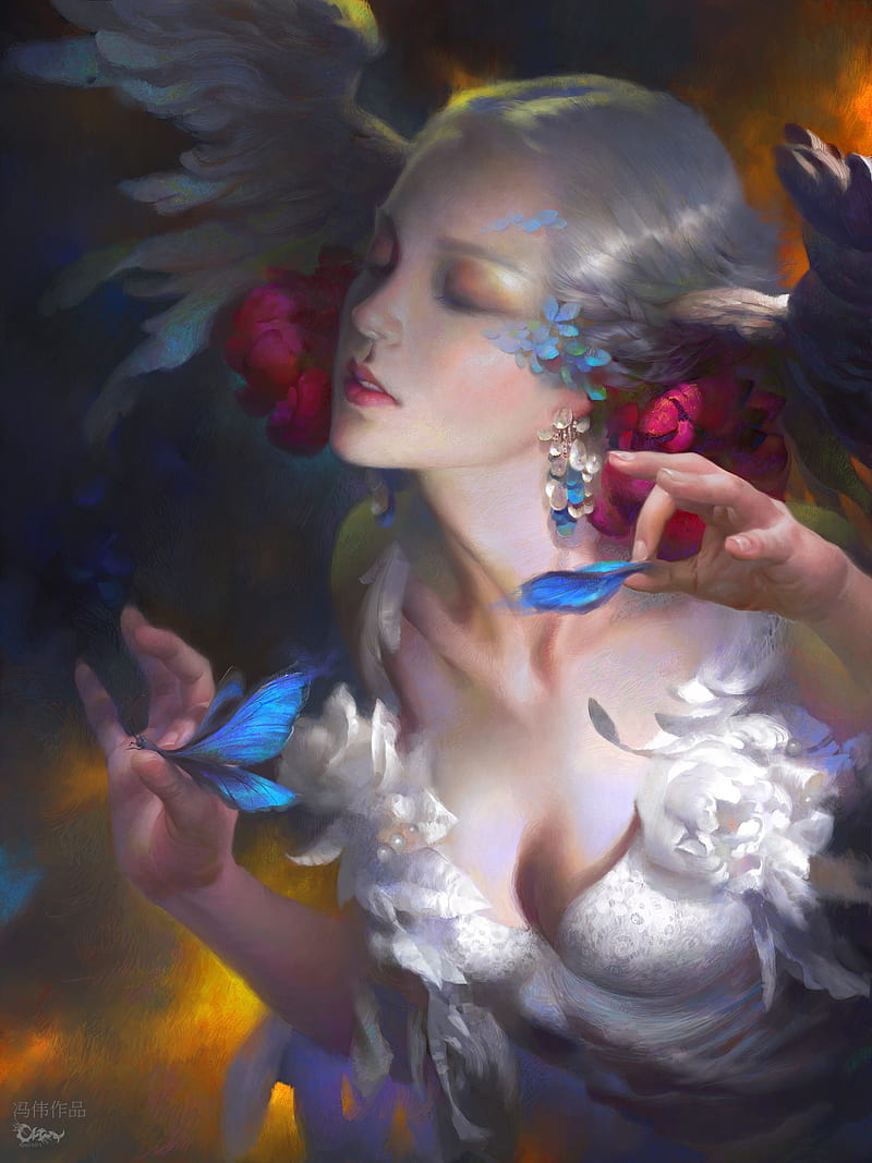 fantasy art, angel, fantasy girl, closed eyes, blonde, HD phone wallpaper