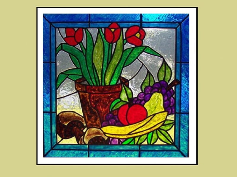 Red Tulips and Fruit , red, art, stained glass, abstract, fruit, windows, still life, glass, 3d, craft, painting, leadlight windows, tulips, HD wallpaper