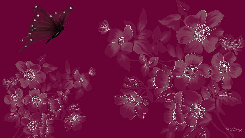 Shadow Flowers, miragea, butterfly, merlot, wine, flowers, shadows, firefox persona, dark pink, HD wallpaper