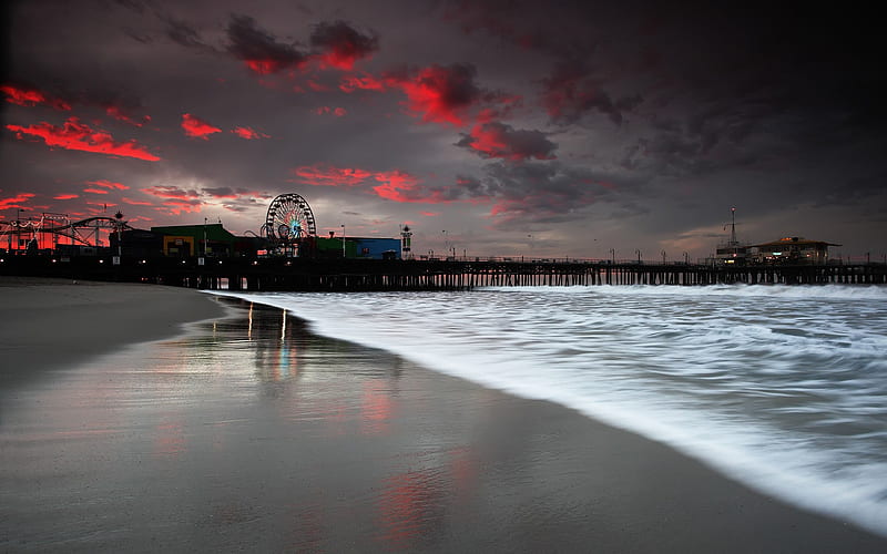 Santa Monica Pier, california, ocean, santa monica, pier, waves, beach, attraction, amusement, ferris wheel, HD wallpaper