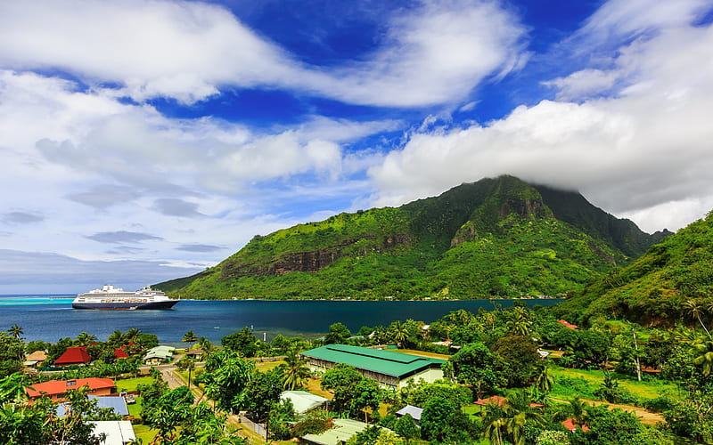 French Polynesia, sea, mountains, resort, beach, cruise ship, HD wallpaper