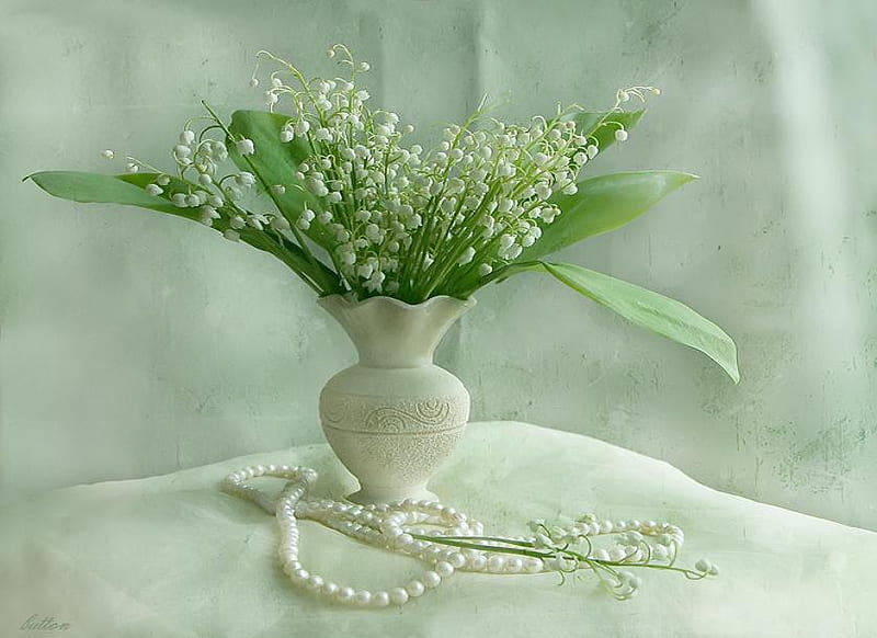 Still Life, lily of the valley, pretty, necklace, green, flowers, vase ...