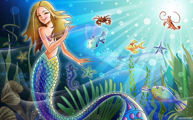 Fantasy, Starfish, Fish, Crab, Underwater, Mermaid, Lobster, HD wallpaper