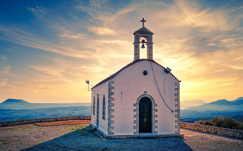 Chapel on Mountain Plateau, bell, sunset, chapel, mountains, HD wallpaper