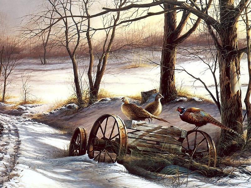 Terry Redlin painting, art, tree, bird, snow, painting, terry redlin, HD wallpaper