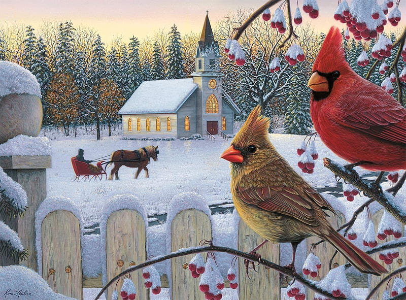 Cardinals, painting, bird, art, kim norlien, pictura, pasari, cardinal